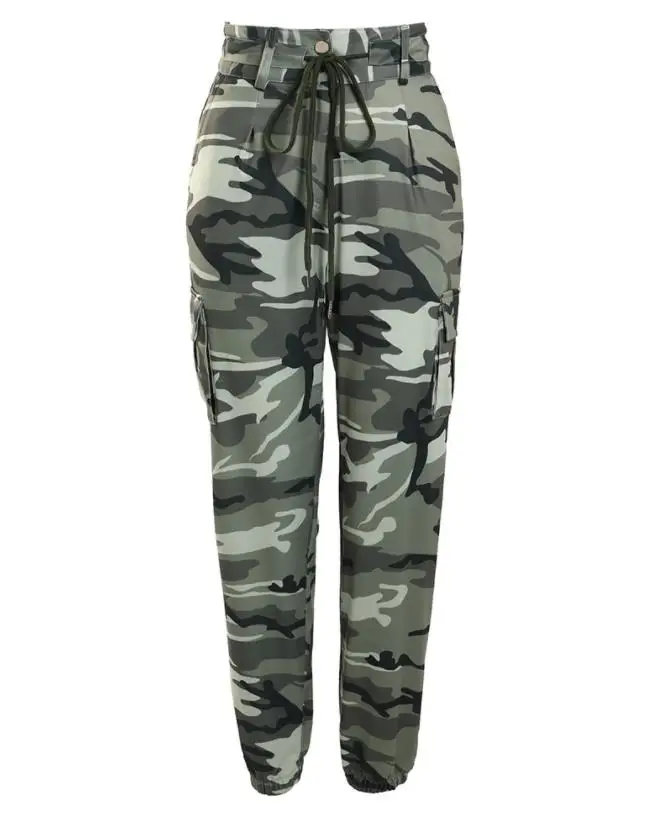 Fashionable Women's New Camouflage Printed Drawstring Pocket Design for Workwear Pants, Casual Commuting Wear