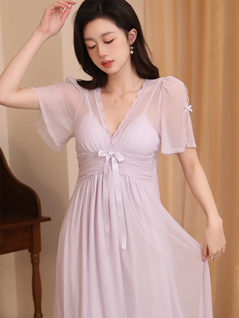 Sweet Kawaii Nightgowns Ruffles Bowknot Lounge Wear Sleepwear Evening Gowns Sexy Women Pajamas Ice Silk Swing Collar Sleep Dress