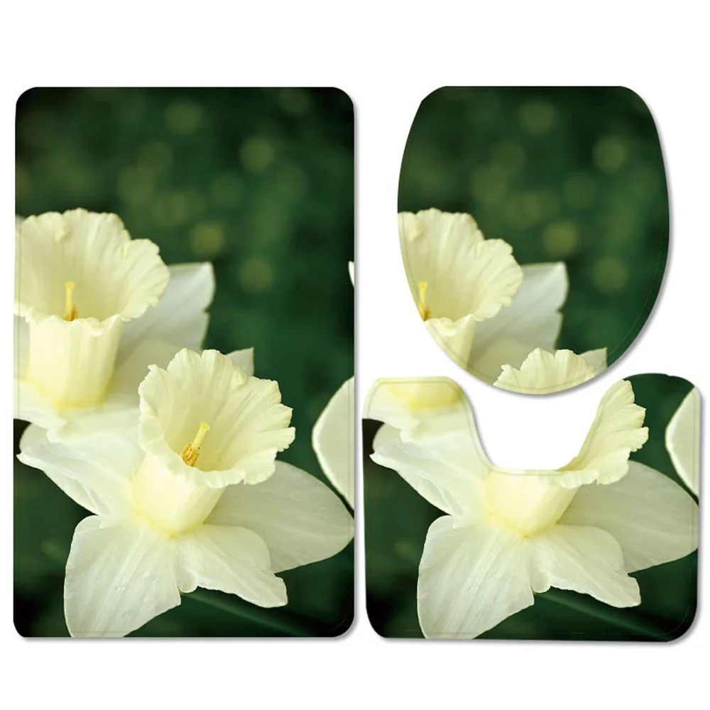 

White Floral Design Bath Mat set Absorbent Bathroom Door mat Carpet Toilet Seat Cover U-shaped Toilet Floor Mat Home Decor