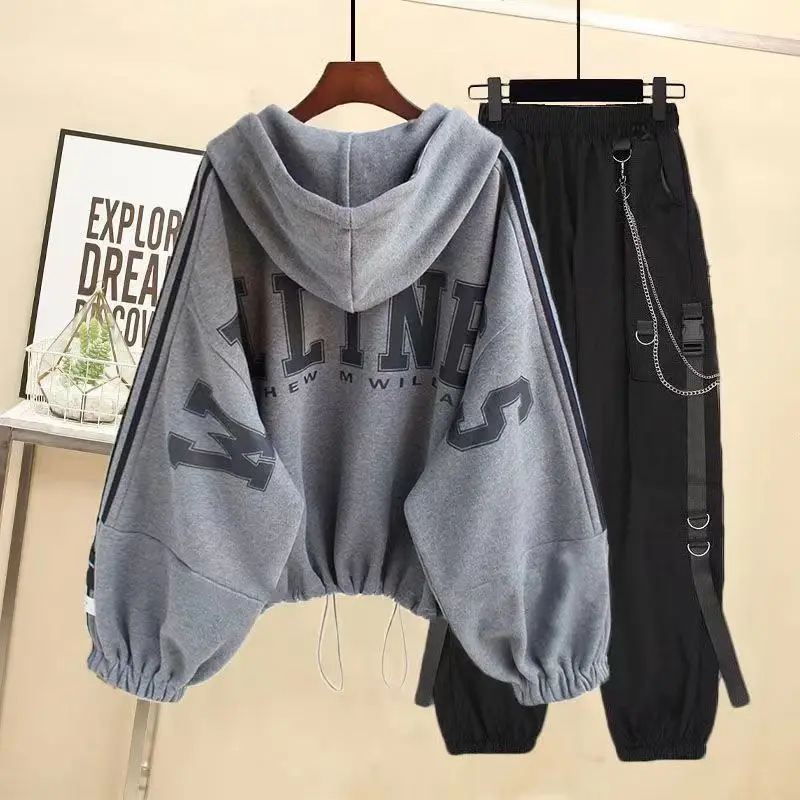 Spring and Autumn Fashion Women's Set Korean Loose Casual Hooded Top Coat+Handsome Workwear Pants Two Piece Set