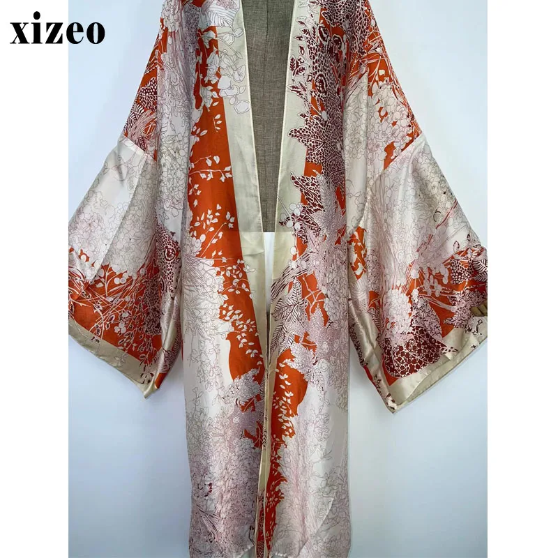 XIZEO  Summer Women Cardigan kaftan fashion sexy Boho African Holiday free size long Sleeve Silk feeling Robe kimono kaftan