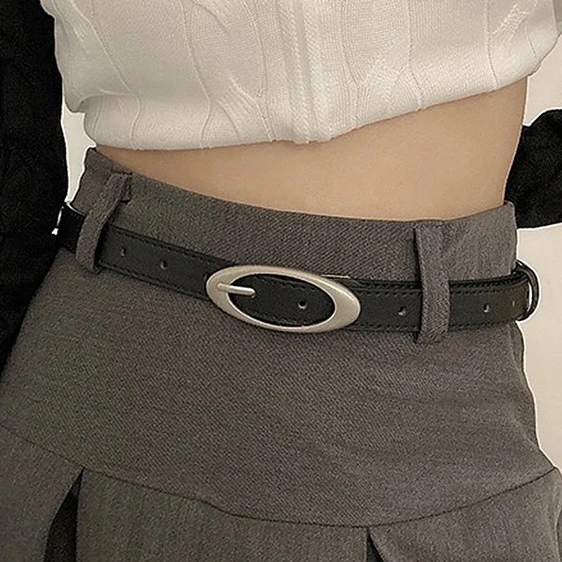 Vintage Elegante Frauen Einfarbig PU Gürtel Y2k Schnalle Metall Gothic Elliptische Legierung Nadel Schnalle Bund Jeans Hosen BeltAB06