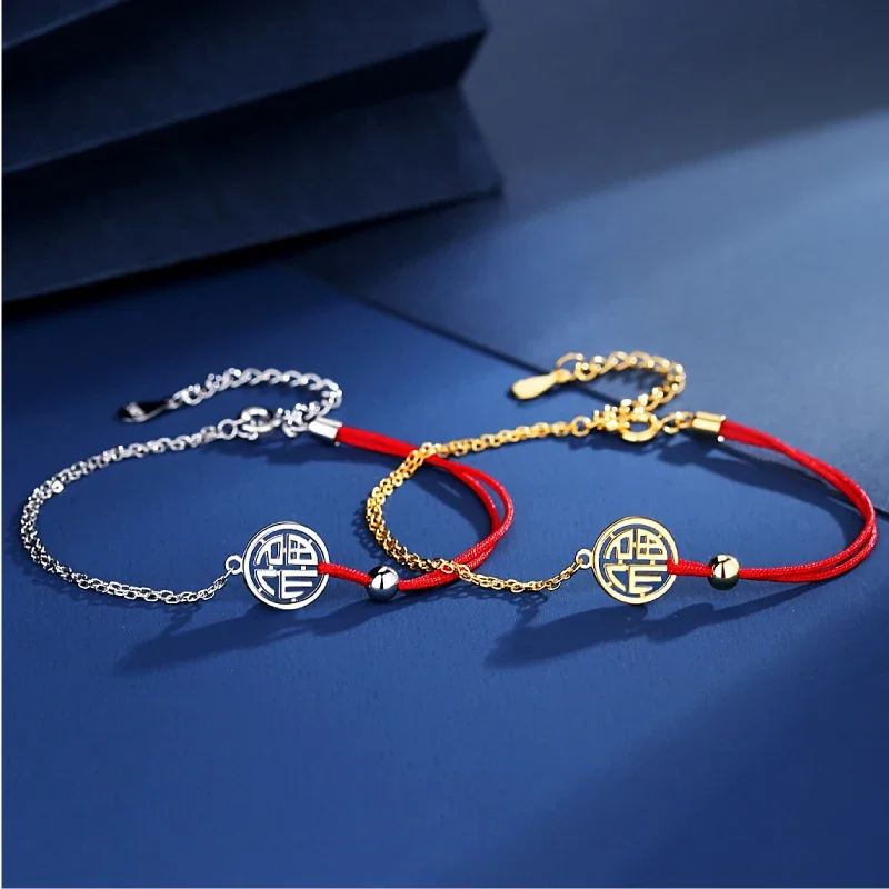 

S925 Sterling Silver Fu Character Bracelet Female Red Hand Rope Lucky Luck Hand Chain Minimalist Design Women Style Bangle Gifts