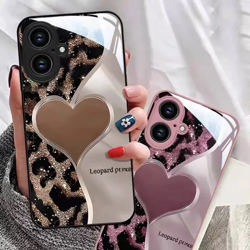Leopard-Print Heart Phone Case with Tempered Glass Protection
