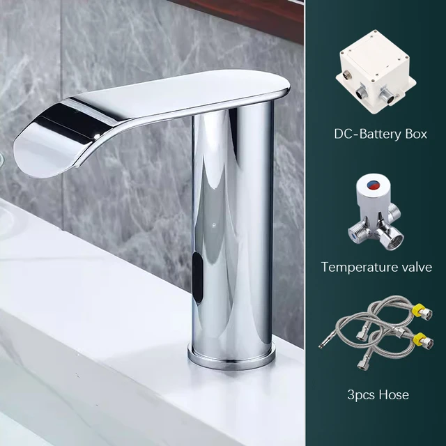 Black Automatic Sensor Touchless Bathroom Sink Faucet Vanity Faucets Hands Free Waterfall Basin Faucet Taps Hot Cold Water 12
