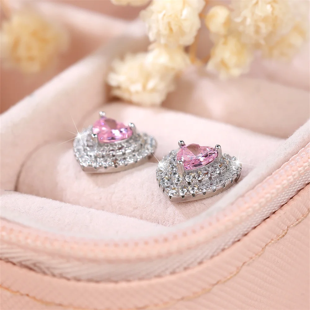 Trendy Pink Crystal White Zircon Love Heart Stud Earrings For Women Vintage Silver Color Wedding Earring Valentine Jewelry Gifts