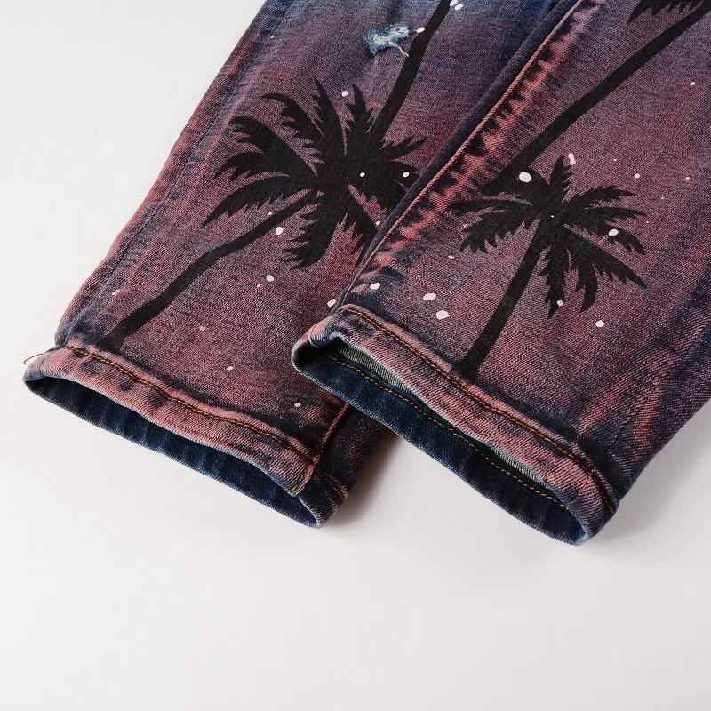 Men Coconut Palm Print Denim Jeans Streetwear Painted Skinny