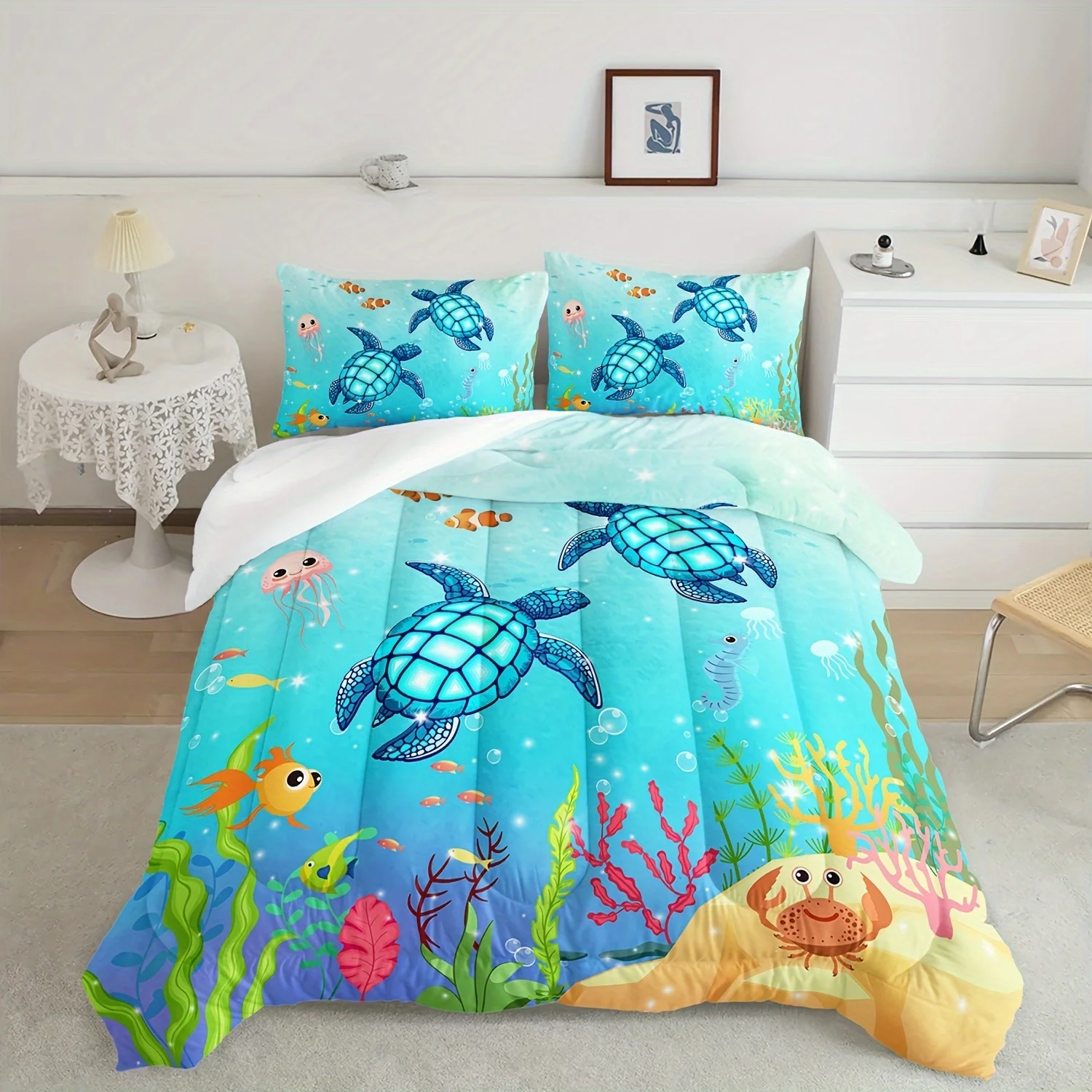 

3Pcs Turtle Comforter Set Ocean Watercolor Sea Turtle Bedding Set Nautical Sea Animal Reptile Bed Set (1*Comforter + 2*Pillowcas