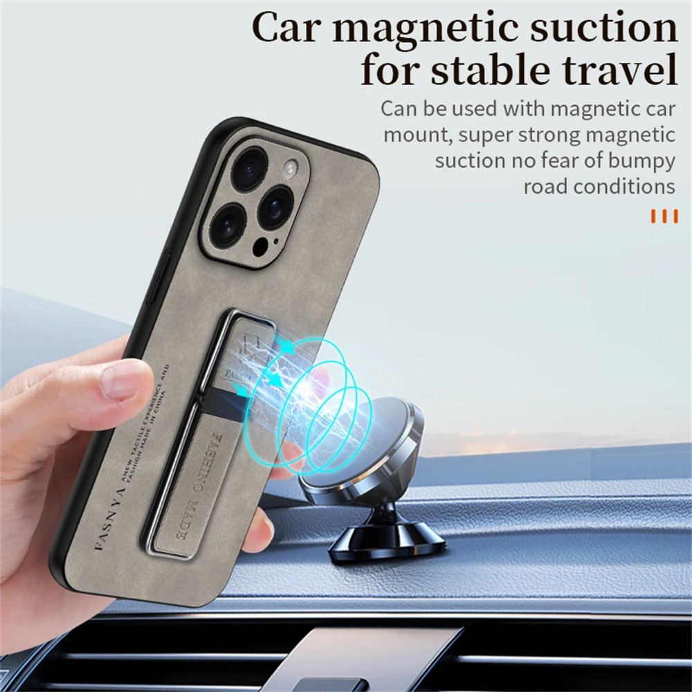 Magnetic Car Bracket Leather Holder Phone Case for iPhone 16 15 14 Plus 13 12 11 Pro X XS Max XR Shockproof Bumper Back Cover_voghion.com