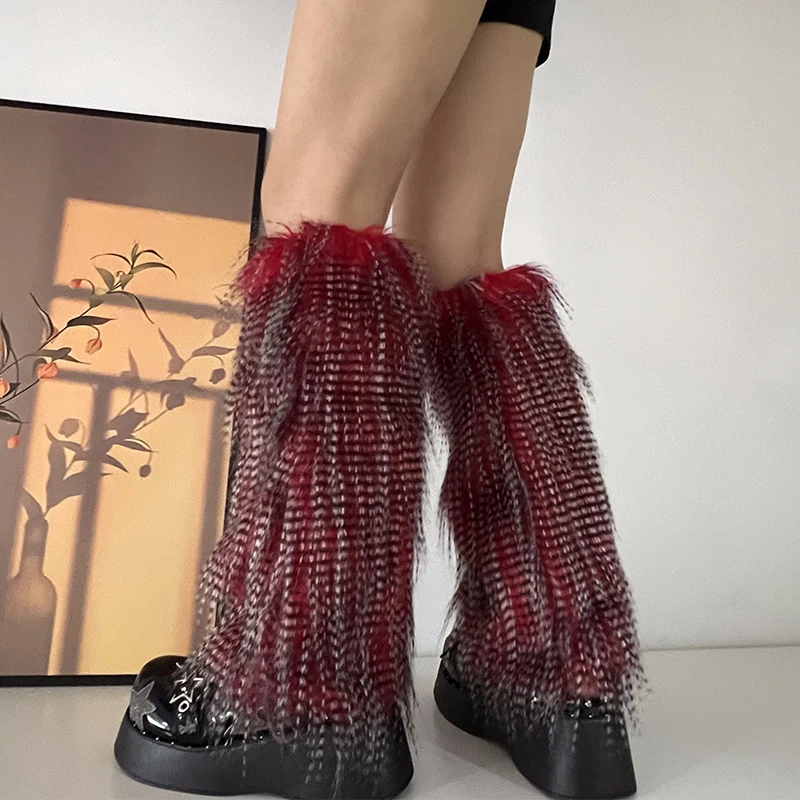 Y2K Goth Furry Faux Fur Women Leg Warmers Boot Covers Harajuku Lolita Girls Punk Fashion Cute Jk Hipster Warm Fluffies Leggings