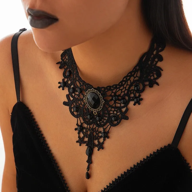 Gothic Hollow Out Black Lace Choker Necklace Women Vintage Punk Red Blood Drop Pendant Chains Party Jewelry Gift