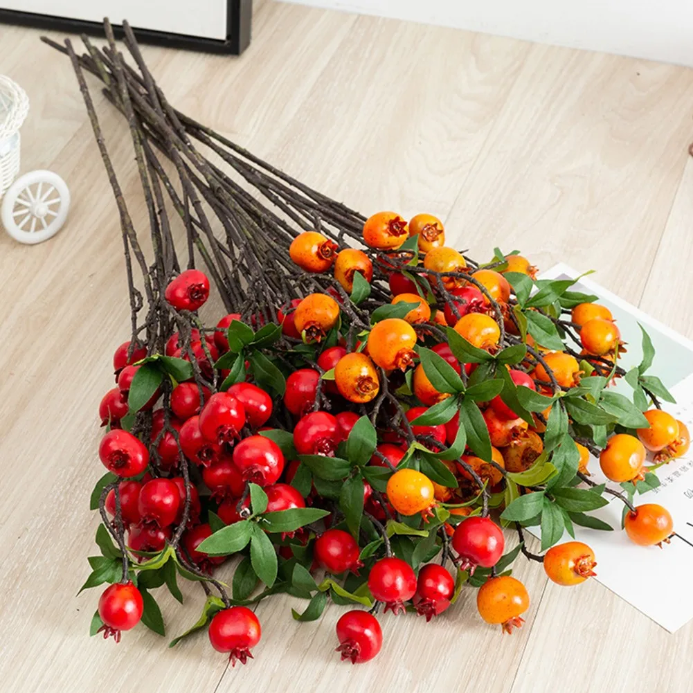 9 Heads Pomegranate Branch With Leaves Red Artificial Fruits Flowers For Wedding Party Tabel Decoration Home Birthday Decor artificial flowers artificial fruits and vegetables