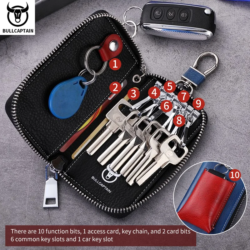 BULLCAPTAIN Men's Genuine Leather Key Case New Home Car Key Clip Men's Leather Case Mini Practical Chain Zipper key case key holder key organizer key purse