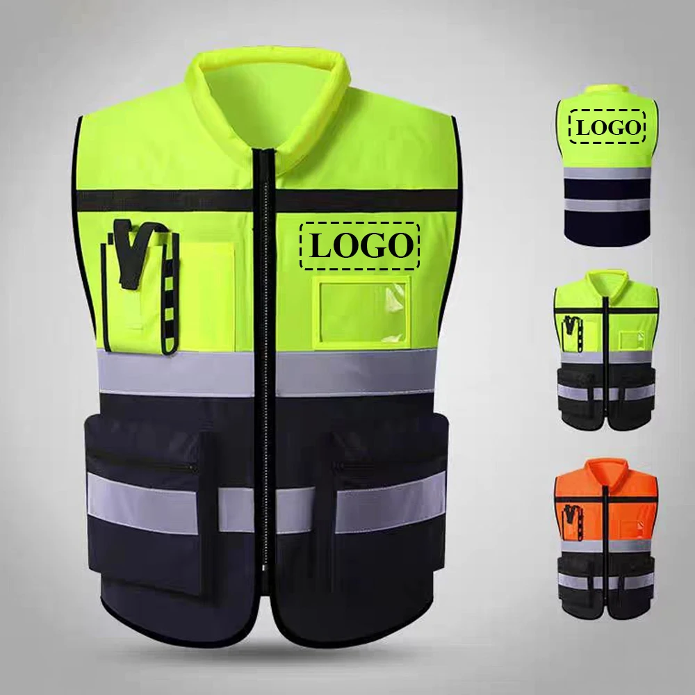Custom LOGO Safety Vest for Men Women Construction Safety Work Clothing with Pockets and Zipper Two Tone Workwear Vest