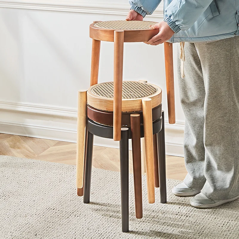 Nordic Solid Wood Rattan Woven Round Stool Casual Low Stool Light Luxury Rattan Woven Household Small Bench for Stacking Shoes
