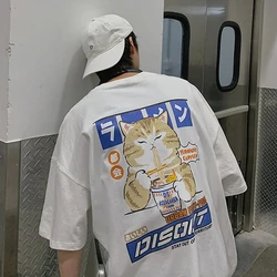 Harajuku Cat Noodle Graphic Oversized T-Shirt - Unisex Casual Japanese Style Tee - S (White)