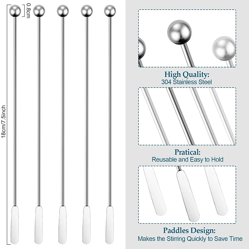 5pcs/set Stainless Steel Mixing Cocktail Swizzle Stick Cocktail Paddle Drink Stirrers Reusable Swizzle Stick for Bar Party Home