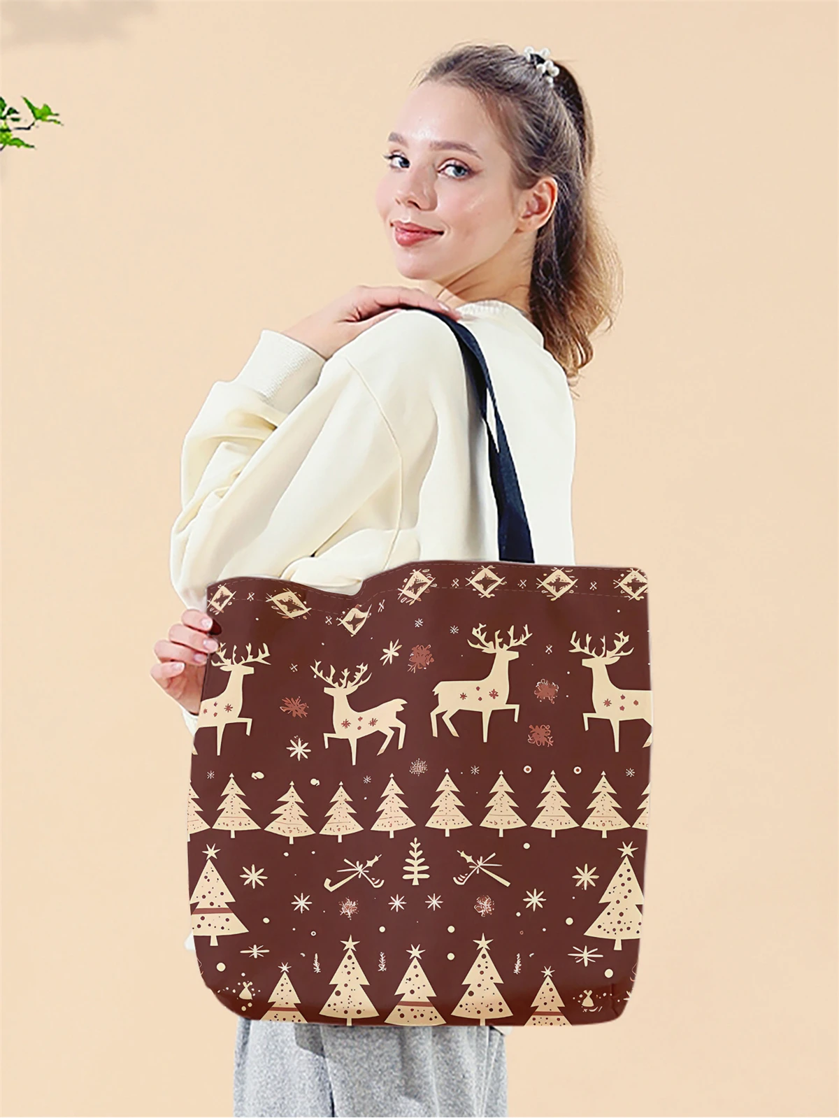 1pc,Christmas reindeer handbag, reusable fashionable handbag, multifunctional handbag, printed canvas shopping bag