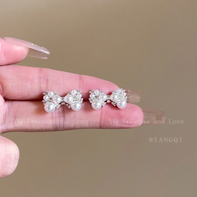 Bow Pearl Zircon Stud Earrings Women's Light Luxury High-Grade Elegant Earrings French Retro Elegant Ear Rings