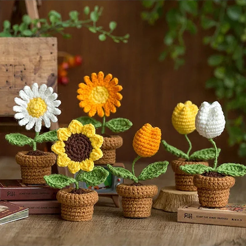 Hand-Knitted Potted Plant Crochet Flower Bouquet Wedding Home Decor  Ornament