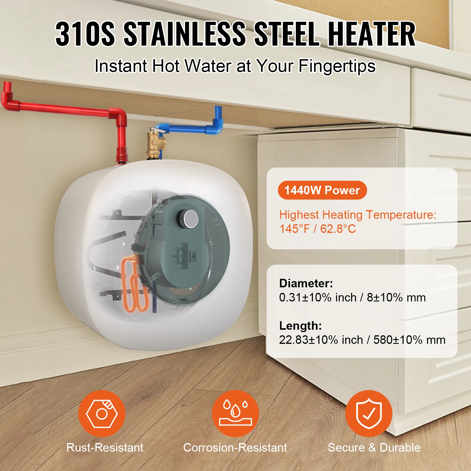 VEVOR Electric Mini-Tank Water Heater, 2.5/4/8-Gal Tank Hot Water Storage, Safety Temperature Pressure Valve,for Kichen Bathroom