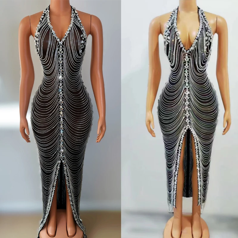 

Big Stones Evening Prom Dress Sexy Halter Diamond Chain Tassel Dress Women Birthday Celebrate Costume Stage Outfit XS6105