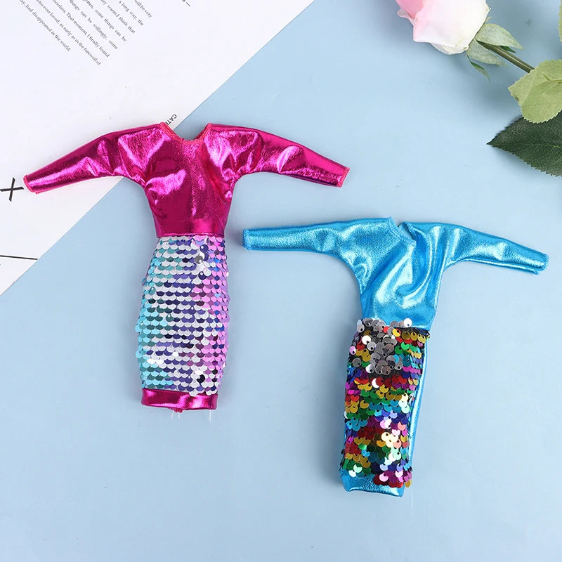 

30cm Doll Clothes Long Sleeve Beaded Sequin Dress + Gradient Color Vest Doll Dress Up Toys 1pc