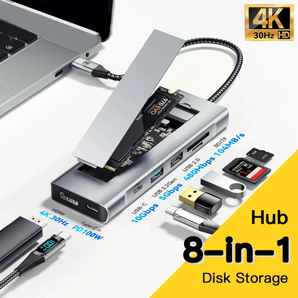 Hub Usb com Função de Armazenamento de Disco tipo c para Compatível com Hdmi Divisor Usb Estação de Dock para Laptop Macbook Pro Air em 1