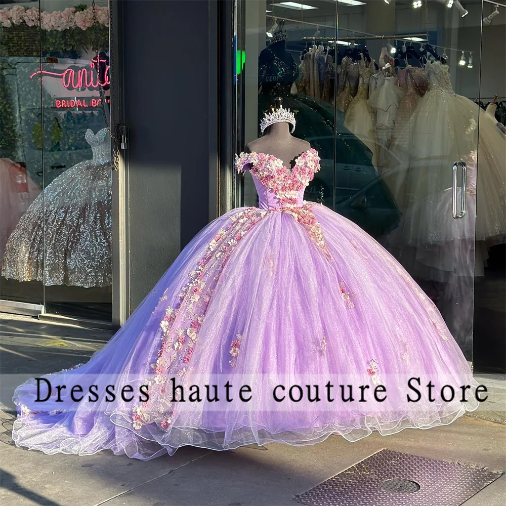 

Shiny Purple 3D Flower Quinceanera Dresses Ball Gown 2023 Lace Applique Birthday Party Gowns Sweet 16 Dress Vestido De Festa