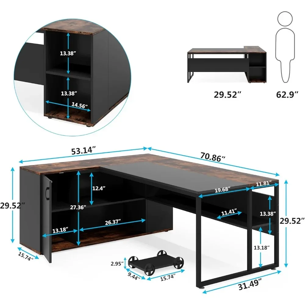 71 inch Executive Desk, L Shaped Desk with Cabinet Storage, Executive Office Desk with Shelves, Business Furniture