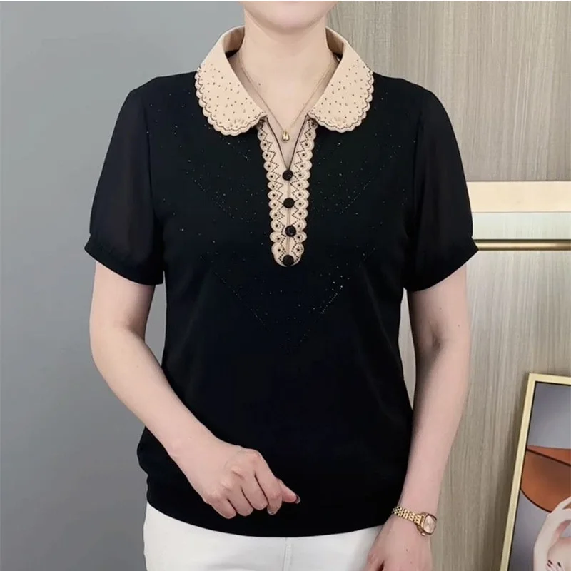 

2024 New Summer Aesthetic Office Lady Retro Loose T-shirts for Women Korean Style Decorations Lapels Short Sleeve Chic Y2K Tops