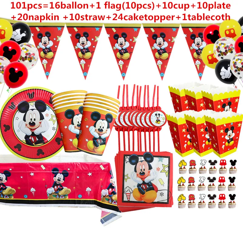 1Set Red Mickey Mouse Theme Disposable Paper Cups Plates Flexible Straws Baby Shower Kid Birthday Napkin Decoration Supplies 