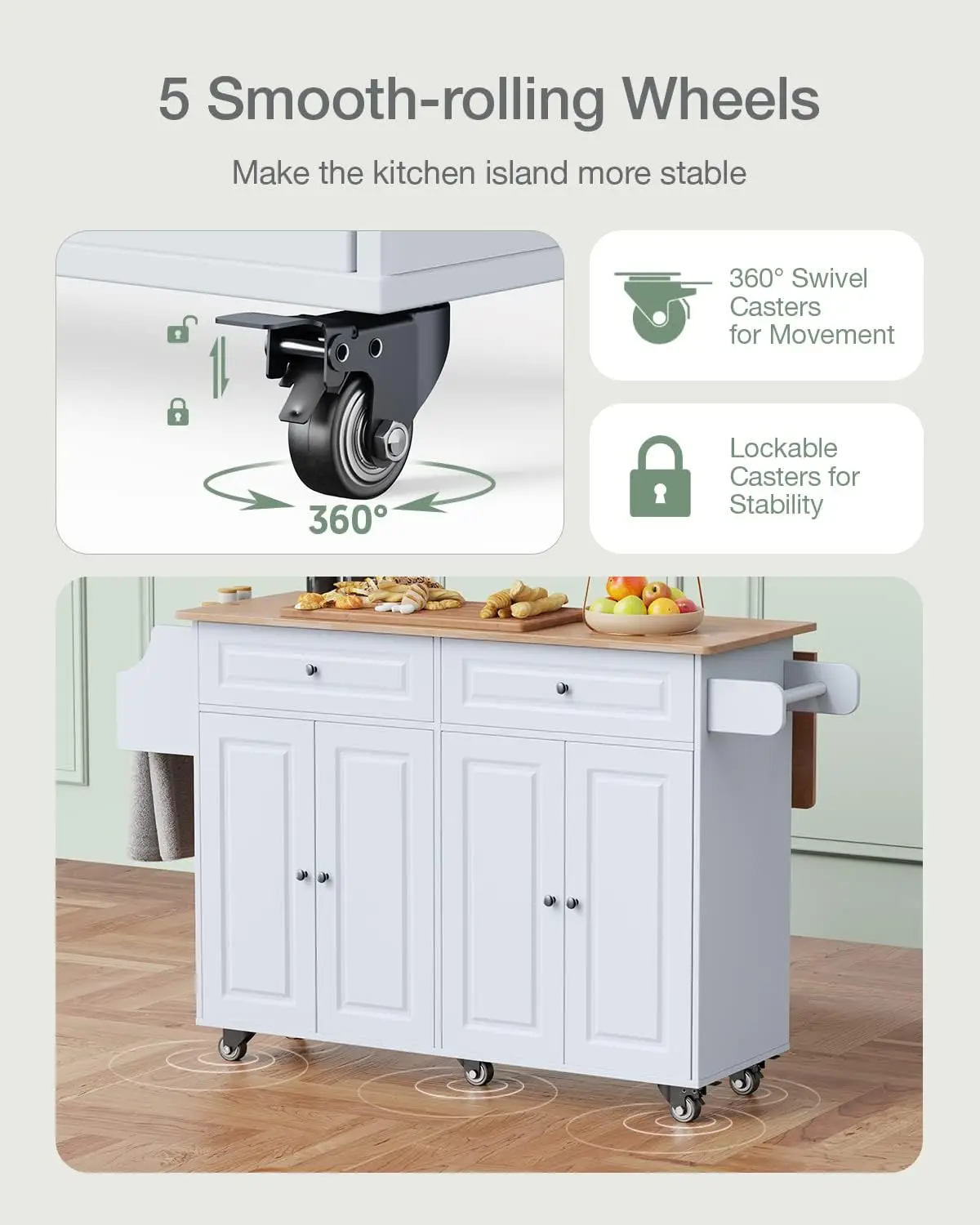 Island on Wheels Kitchen Cart with Rubber Wood Top, Mobile Kitchen Island with Double Storage Cabinet and Drawers, Table