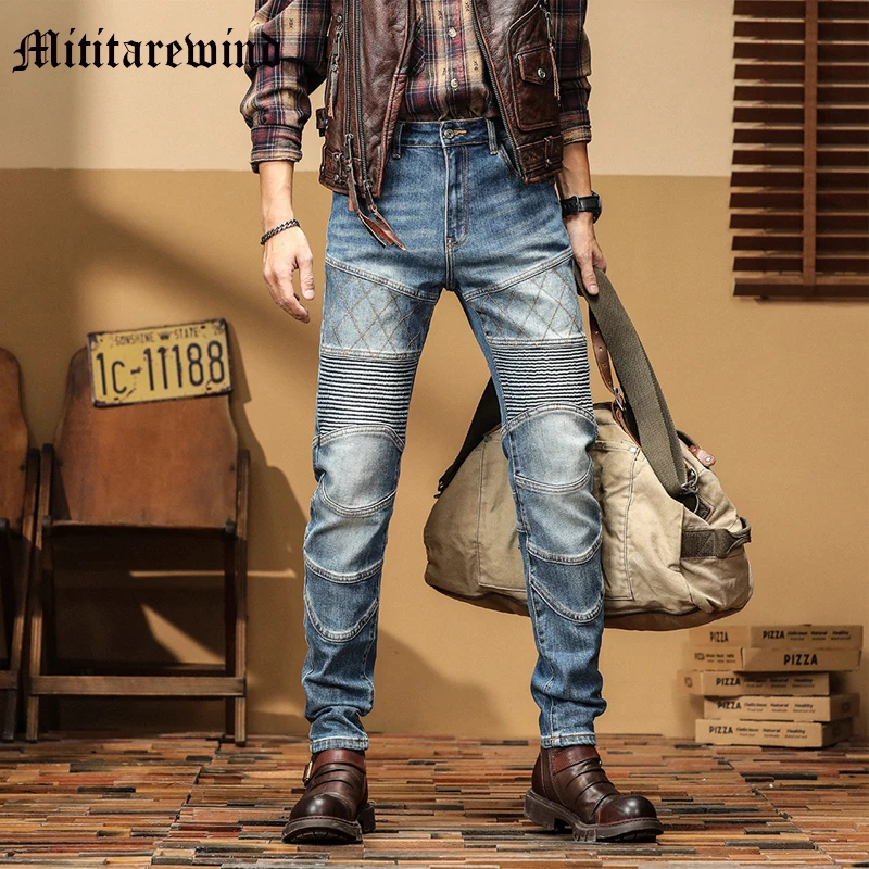 

Denim Men's Pants Vintage Moto&Biker Stretch Jeans High Street Slim Retro Blue Knee Pleated Versatile Hip Hop Full Length Youth