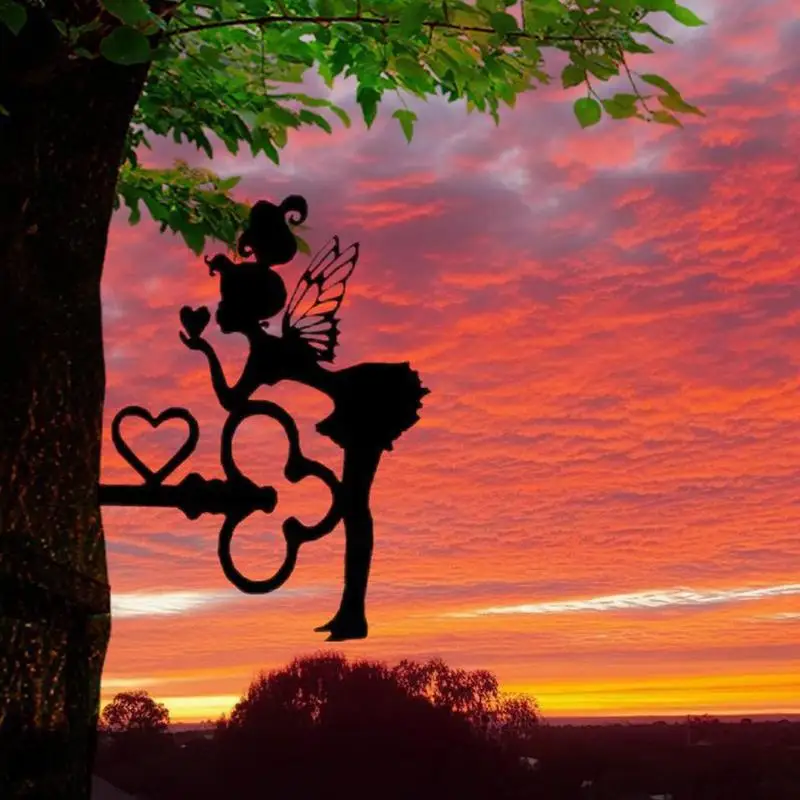Metal Fairy Garden Stake Fairy Key Garden Figure Ornament Black Iron Art Decorative Metal Crafts For Indoor Outdoor Home Yard