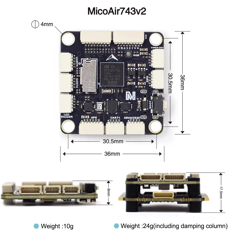 MicoAir 743 V2 듀얼 IMU 블루투스 매개변수 조정 비행 제어는 H743 메인 컨트롤 480MHz 작동 주파수를 지원합니다.