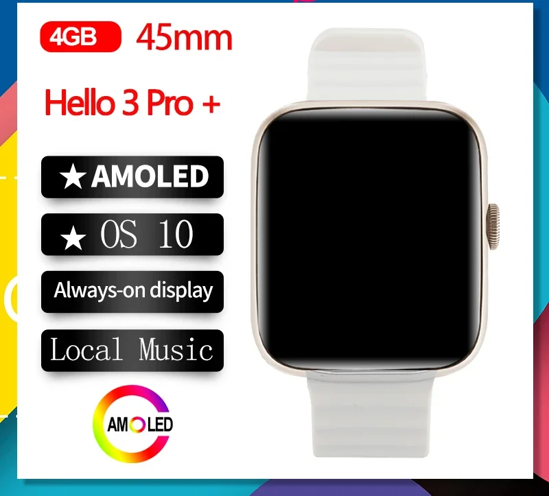 

Hello 3 Pro+ AMOLED Smart Watch 4GB ROM Men 45mm Local Music Recording Smartwatch OS10 Album Sync Women Qifit 2024