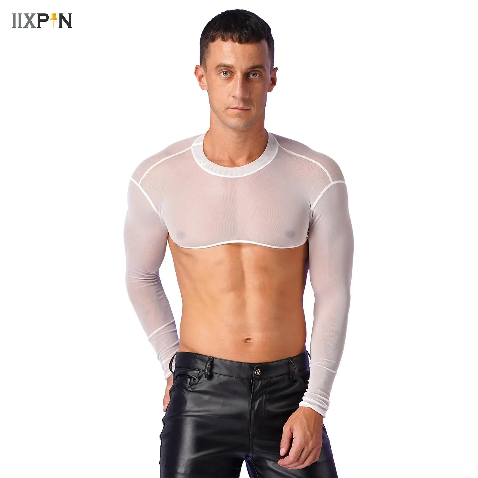 Haut Maille Transparente Manches Longues Pour Homme - Crop Top - Couleur Unie