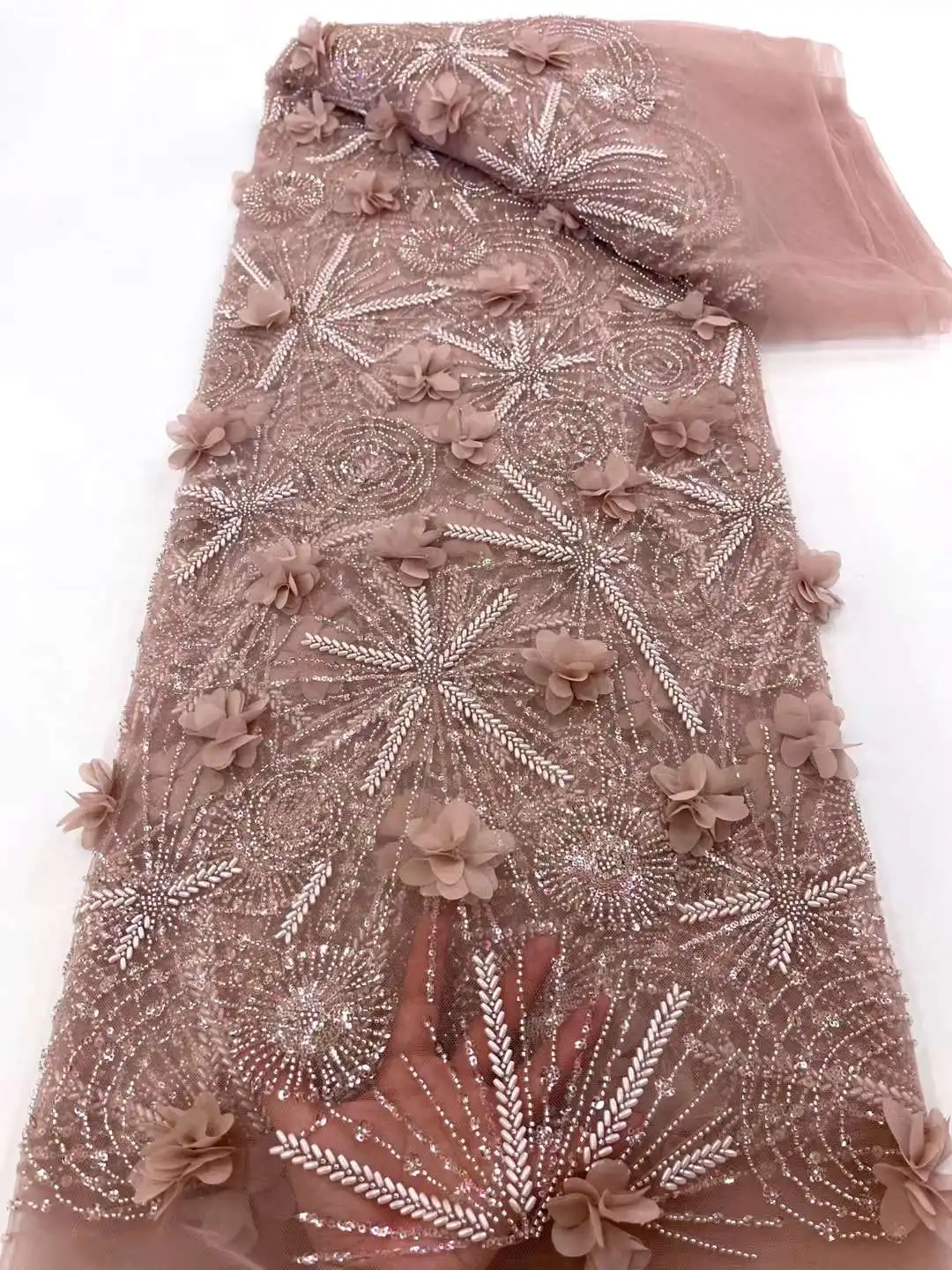 

Fashion French Mesh 3D Flowers Embroidery Beadeds Lace Fabric With Sequins African Nigerian Fabric For Wedding Dress XC90TB