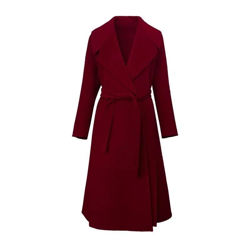 Fashion Red Woolen Coat Women's Mid Length 2023 Autumn And Winter New High-end Temperament Hepburn Style Versatile Woolen Coat