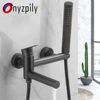 Matte Black Bathtub Shower Faucet Swivel Tub Spout Wall Mounted Bath Mixer Waterfall Bathtub Tap with Handheld Shower Head Crane 1
