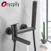 Matte Black Bathtub Shower Faucet Swivel Tub Spout Wall Mounted Bath Mixer Waterfall Bathtub Tap with Handheld Shower Head Crane 1