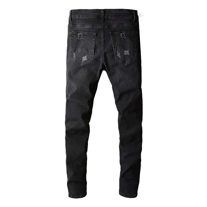Black High Street Holes Transparent Crystals Patchwork Stretch Slim Fit Rhinestones Patches Distressed Ripped Jeans Men 3