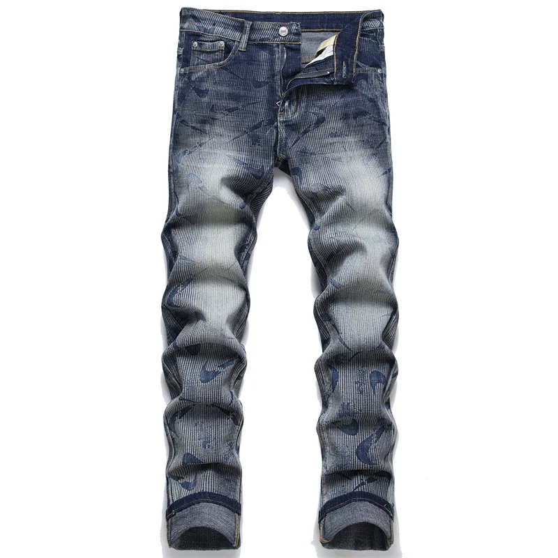 

New fashion punk style men's jeans broken fashion urban print ground white mid-waist men's casual jeans
