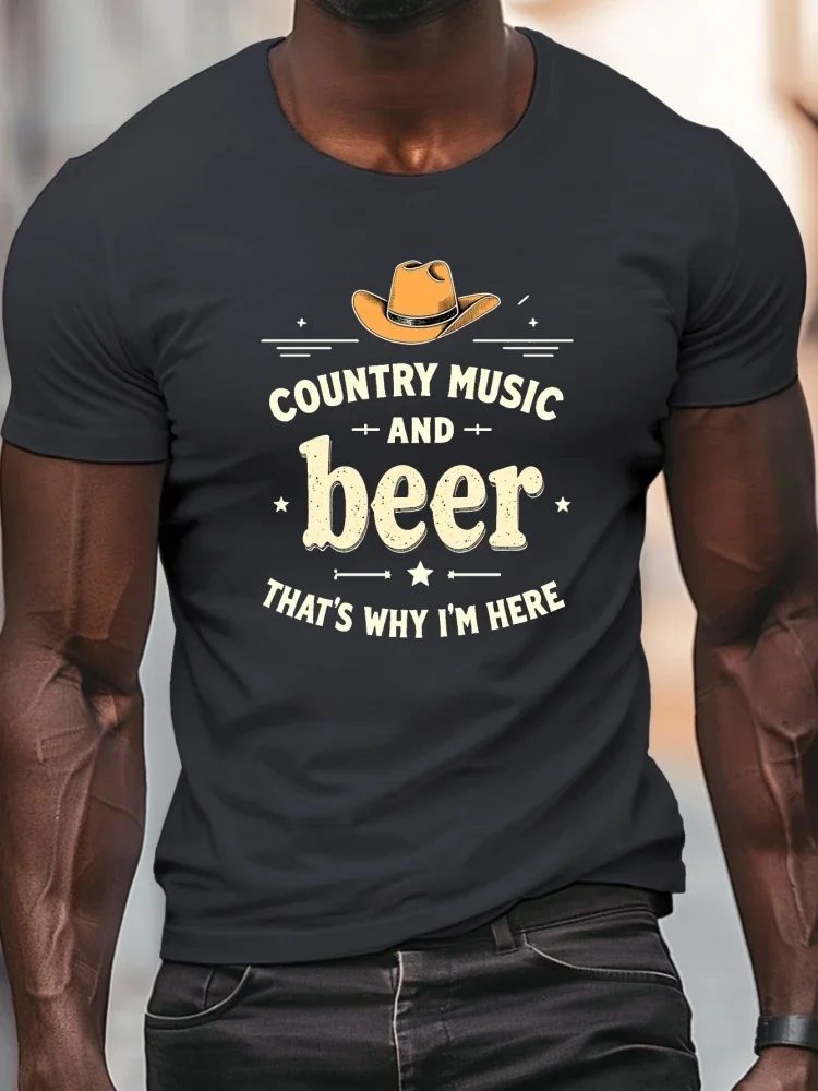 Neues Herren-T-Shirt mit Country-Musik- und Bier-Cowboyhut-Motiv, Vintage-Grafik, Western-Retro, lässiges Kurzarm-Oberteil, T-Shirt für Country-Liebhaber, Alltagstee