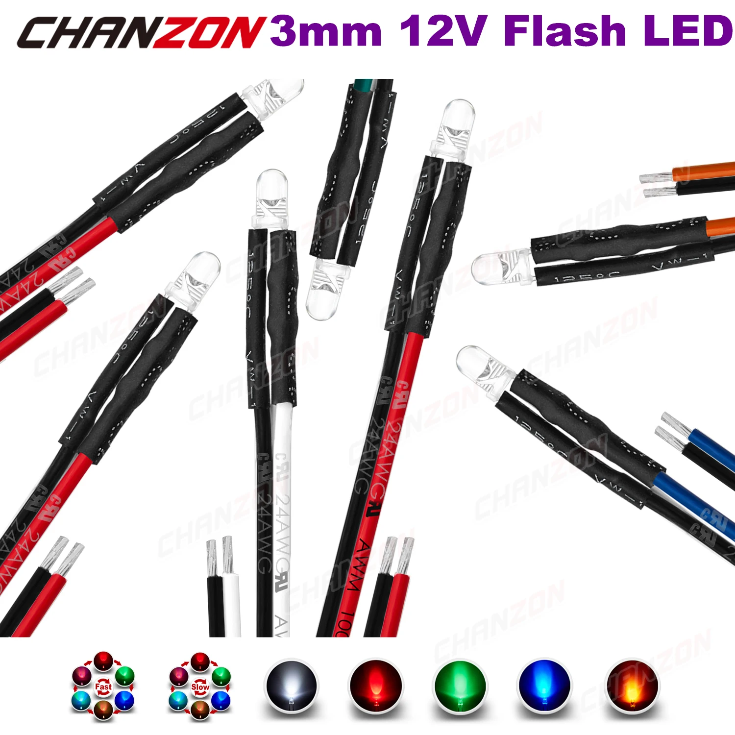 20Pcs 3Mm 12V Led Diodo Precablato Perline Di Luce Lampeggiante Bianco Rosso Verde Blu Giallo Rgb Veloce Lento Flash Pre Cablaggio Cablaggio Lampadina