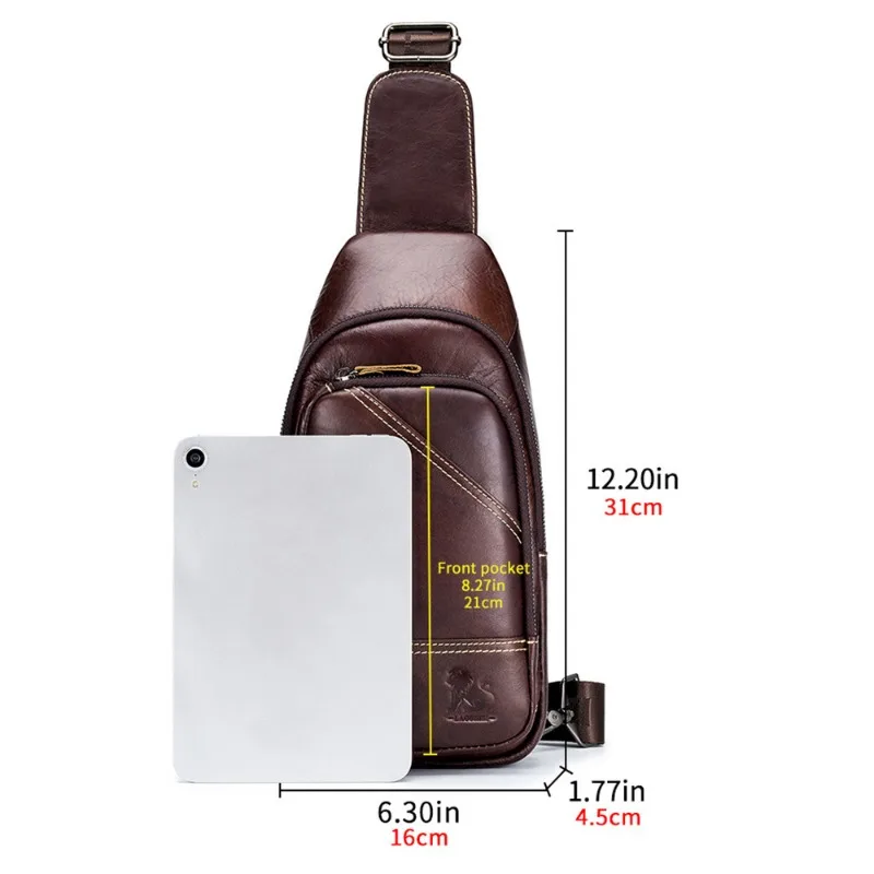 Men's Chest Bag Male Leather First Layer Cowhide Casual Men's Crossbody Bag Single Shoulder Bag New Style Fashion Dark Brown
