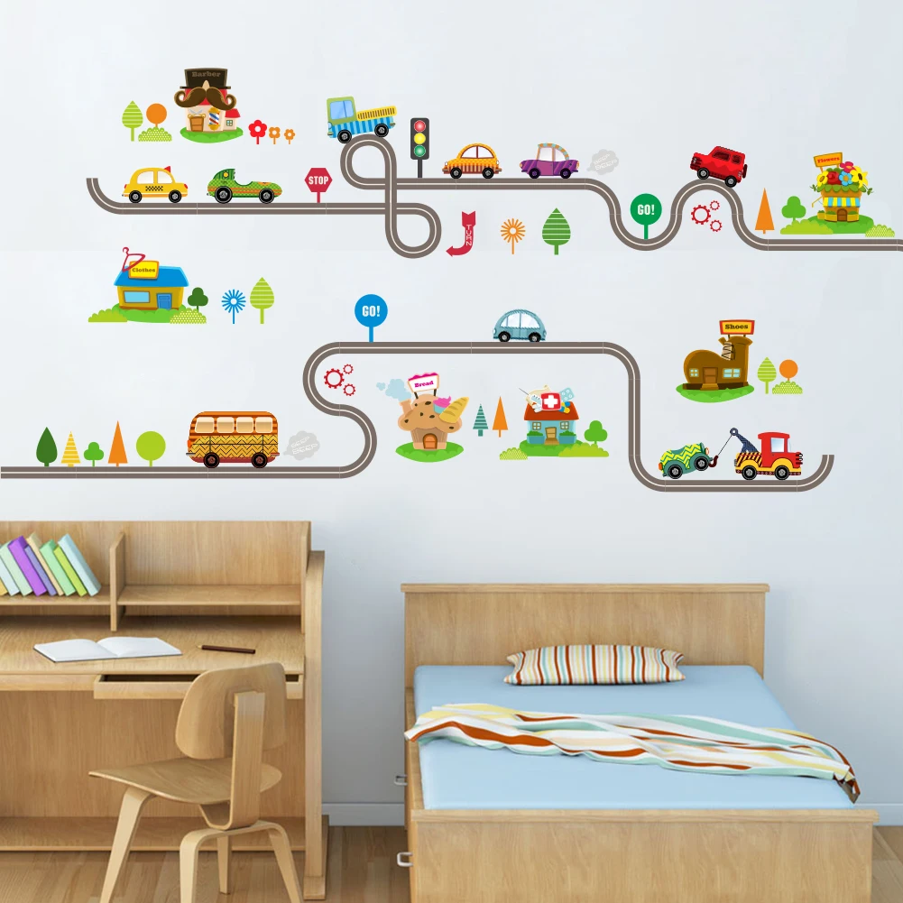 Cartoon highway track car wall stickers boy children