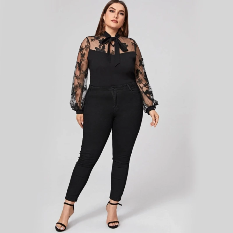 Women Puff Long Sleeve Shirts for Butterfly Floral Embroidery Mesh Splicing Bow Tied V-Neck Blouse Pullover Dropship