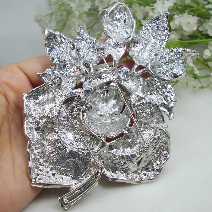 Bride Charming Clear Crystal Brooch Rose Flower Bud Leaf Bridesmaid Brooch Pin